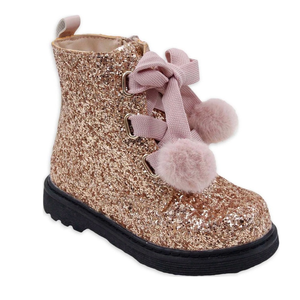 Nicole Miller Glitter Pom Pom Combat Boots Rose Gold Pink Size 7 Toddler